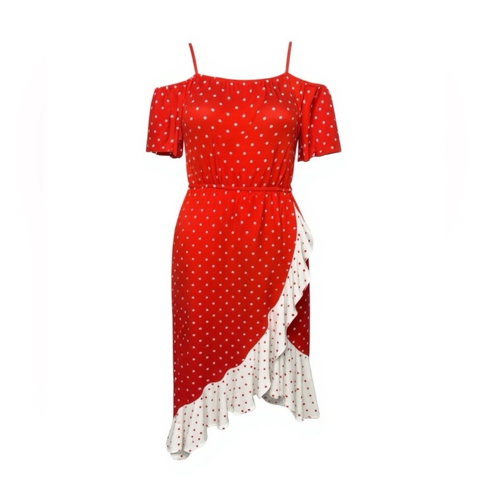 NWOT Love, Fire Off the Shoulder Asymmetrical Dot Dress M